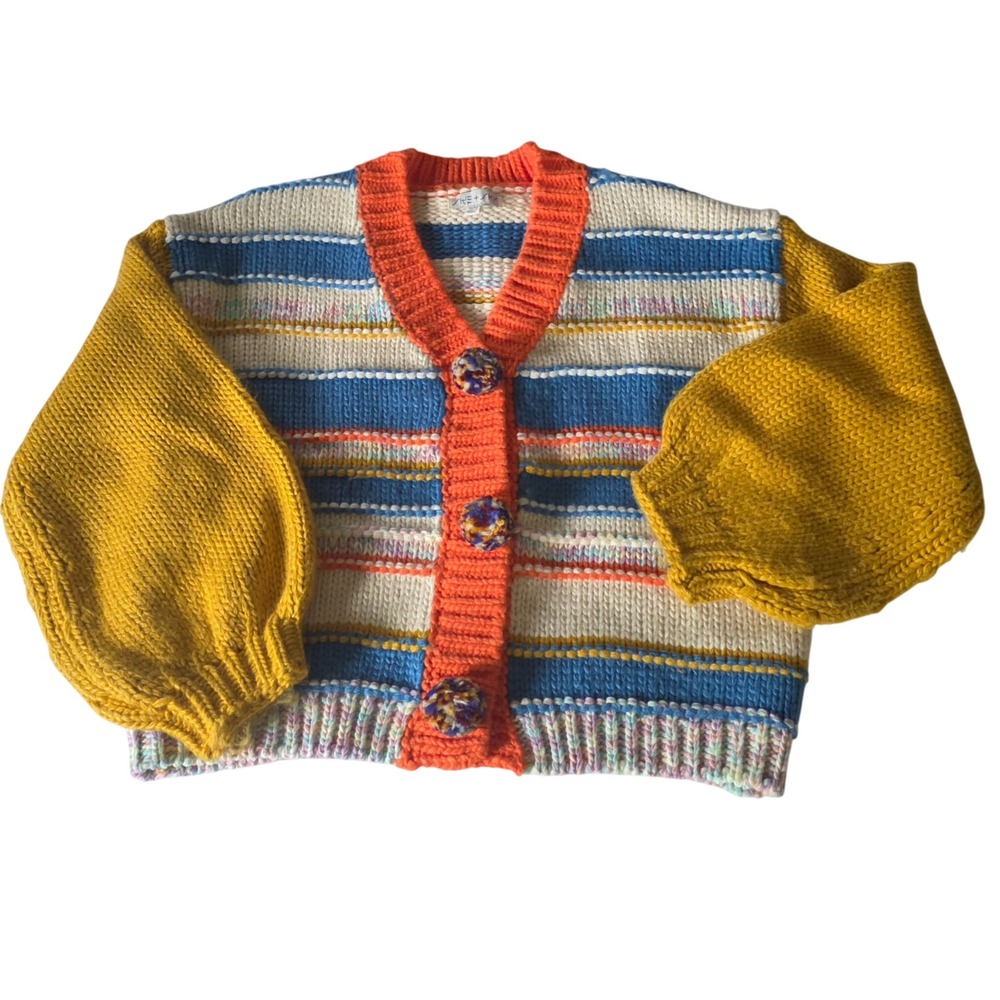 SHE + Sky Chunky Large Size Knit Multi-Colored Cardigan Small/Med Boho Soft Snap